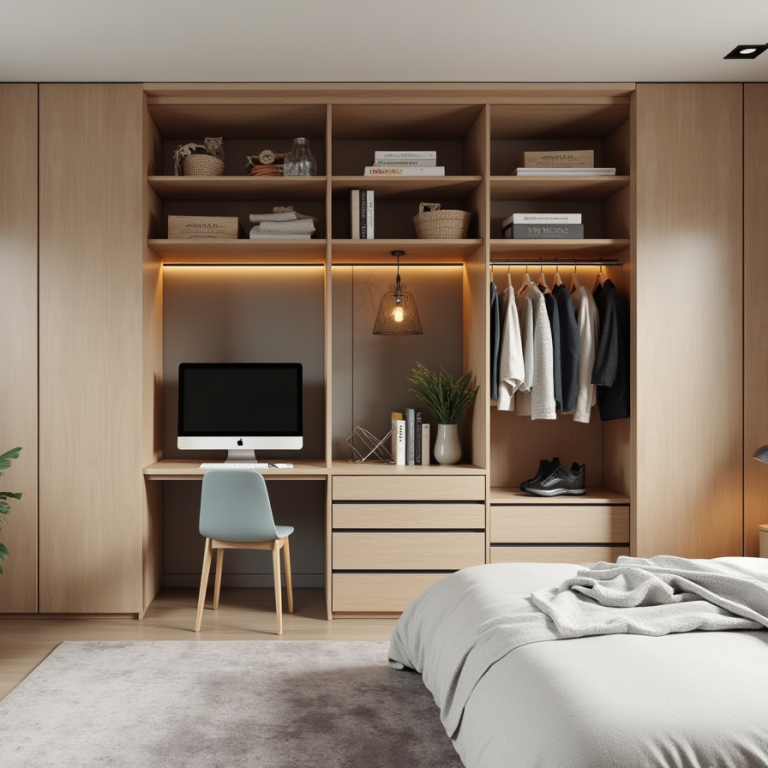 Habitación a medida moderna con armario, escritorio y decoración minimalista en tonos claros.