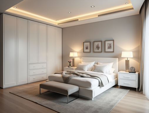 Dormitorio moderno con cama doble, lámparas y armario blanco a medida