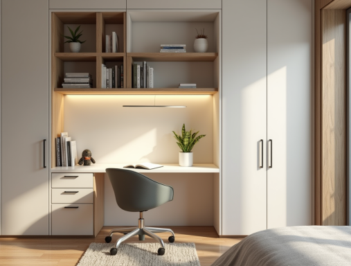 Estudio minimalista con escritorio blanco a medida, estantería y planta decorativa