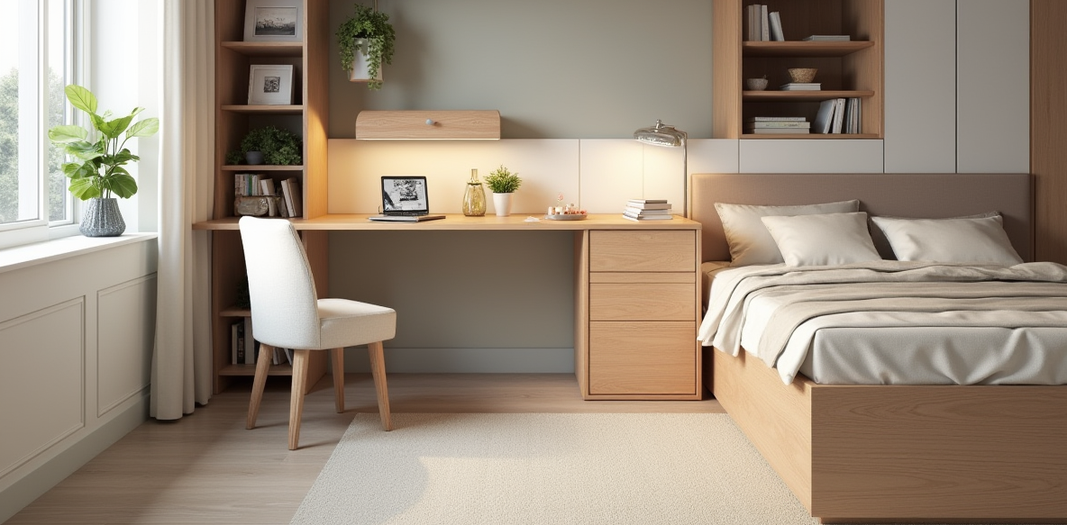Habitación a medida moderna con cama, escritorio de madera.