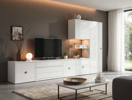 Salón moderno con mueble blanco a medida, televisor y sofá