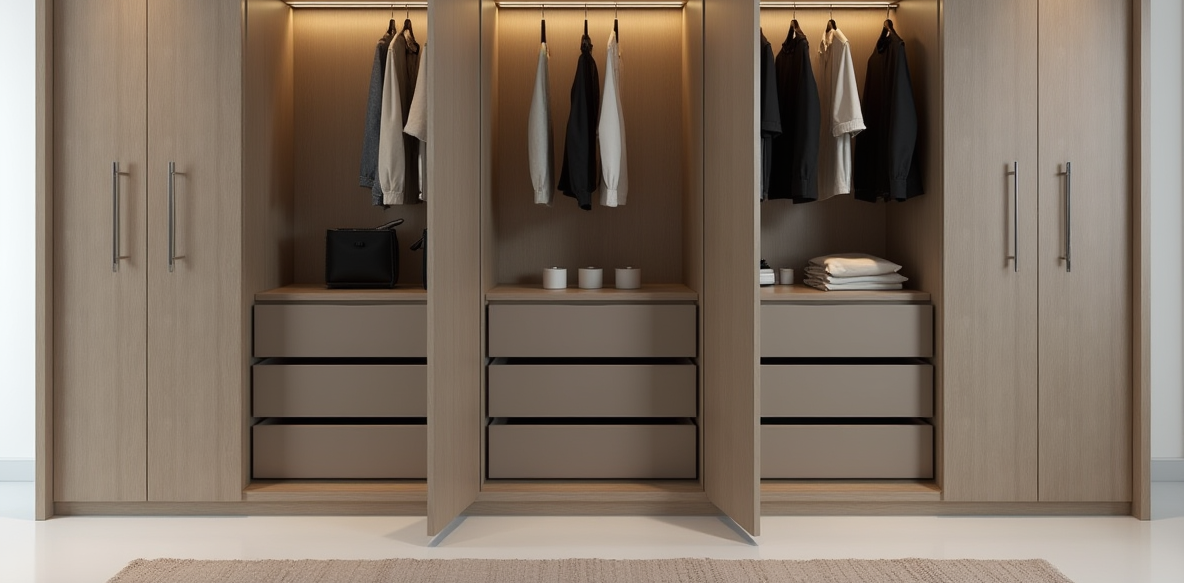 Armario a medida moderno de madera con ropa colgada y cajones organizados.
