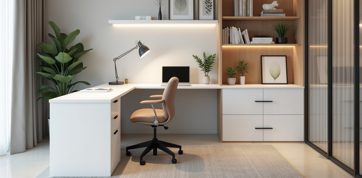 Escritorio a medida moderno en un espacio minimalista con una planta y estanterías organizadas.