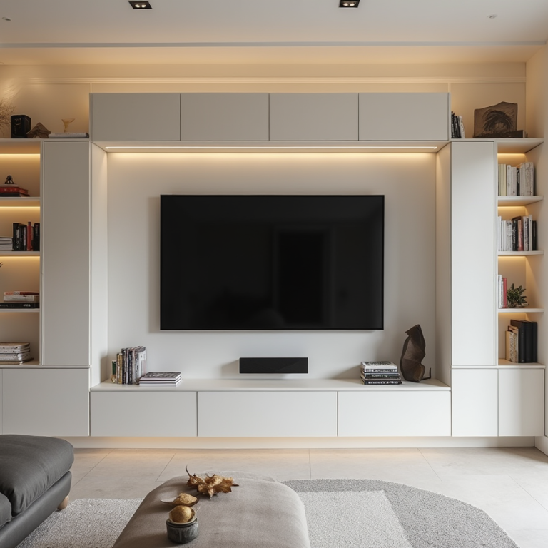 Sala de estar moderna con mueble de televisión a medida blanco y estanterías iluminadas.