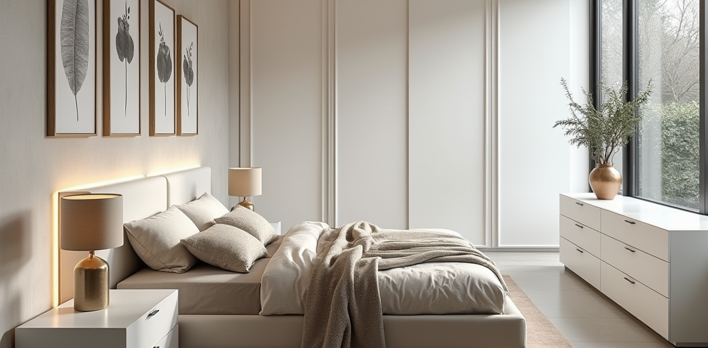Dormitorio a medida moderno con cama doble, mesitas, y decoración minimalista en tonos claros.