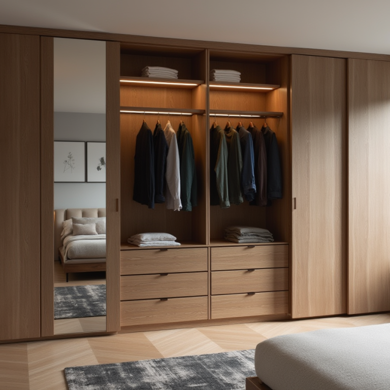 Armario a medida de madera con ropa colgada y cajones, con un espejo al lado y un dormitorio al fondo.
