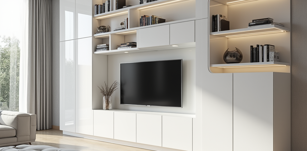 Mueble a medida moderno blanco con estanterías y televisor en un salón luminoso.